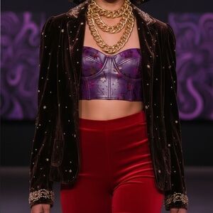 Elie Tahari Velvet Blazer Beaded Silk Crushed Chocolate Brown Y2K Mob Wife XS